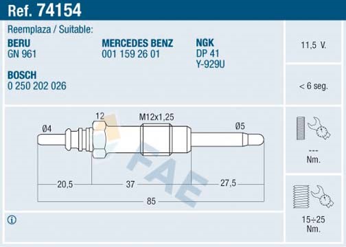 Glödstift 11,5V Fae 74154 FAE