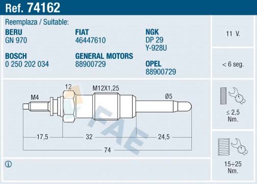 Glödstift 11V Fae 74162 FAE