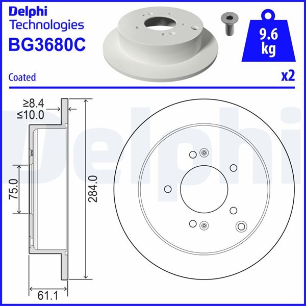 Bromsskiva Solid, Bakaxel Delphi BG3680C DELPHI