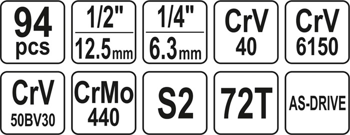 Hylsnyckelsats 94pcs 1/2" L, Universal Yato