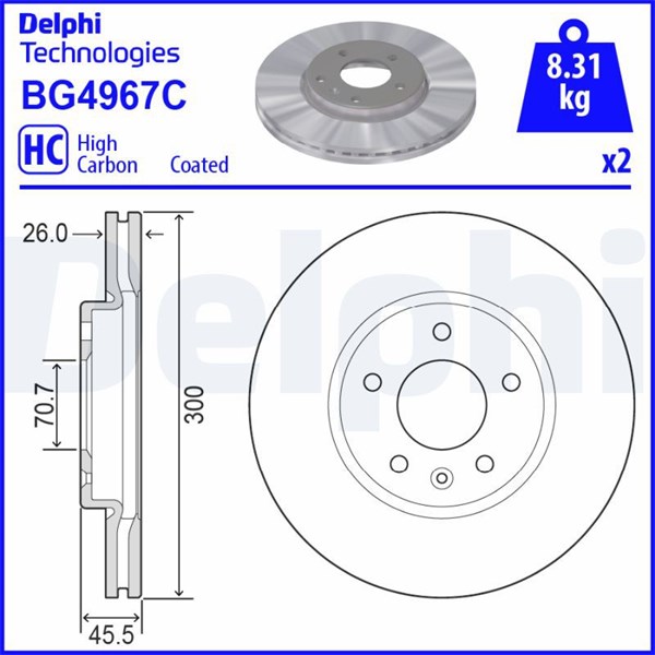 Bromsskiva Ventilerad, Framaxel Delphi BG4967C DELPHI