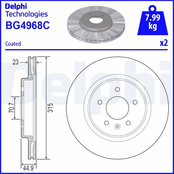 Bromsskiva Ventilerad, Bakaxel Delphi BG4968C DELPHI