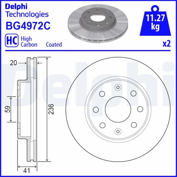 Bromsskiva Ventilerad, Framaxel Delphi BG4972C DELPHI