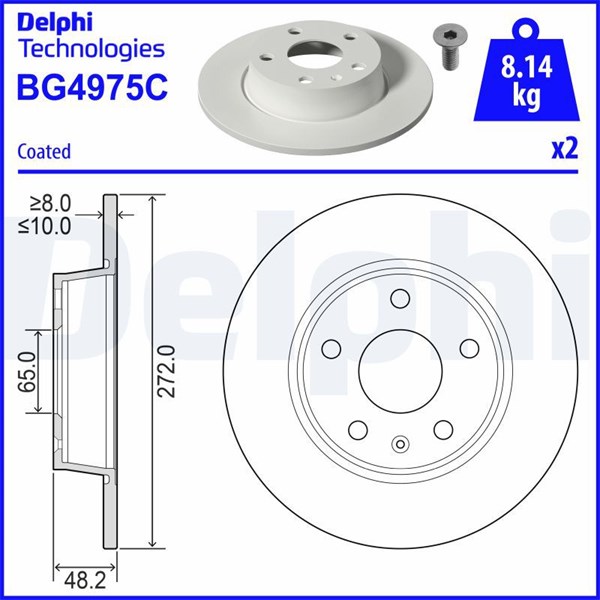 Bromsskiva Solid, Bakaxel Delphi BG4975C DELPHI