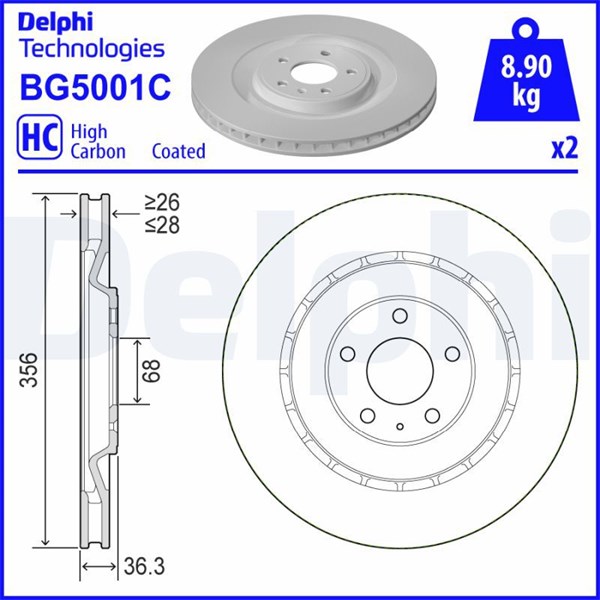 Bromsskiva Ventilerad, Bakaxel Delphi BG5001C DELPHI