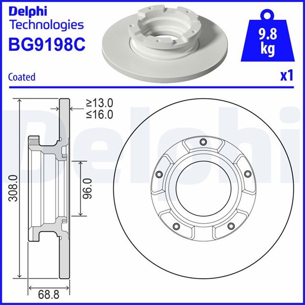 Bromsskiva Solid, Bakaxel Delphi BG9198C DELPHI