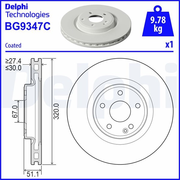 Bromsskiva Ventilerad, Framaxel Delphi BG9347C DELPHI