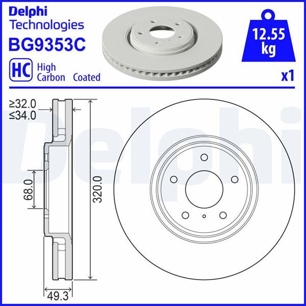 Bromsskiva Ventilerad, Framaxel Delphi BG9353C DELPHI
