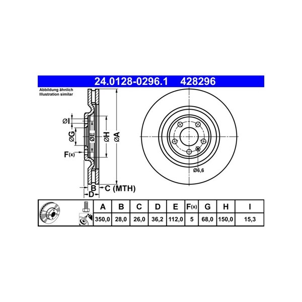 Bromsskiva Ventilerad, Bakaxel Ate 24.0128-0296.1 ATE Bromsskiva Ventilerad, Bakaxel Ate 24.0128-0296.1 ATE