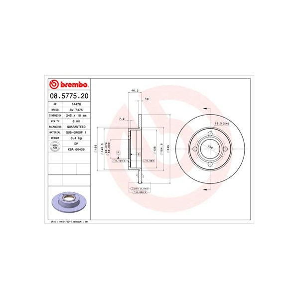 Bromsskiva Solid, Bakaxel Brembo 08.5775.20 BREMBO