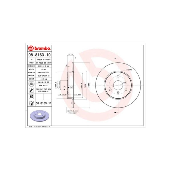 Bromsskiva Solid, Framaxel Brembo Coated disc line 08.8163.11 BREMBO