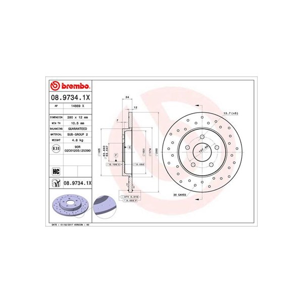 Bromsskiva Solid, Bakaxel Brembo Brembo xtra line 08.9734.1X BREMBO