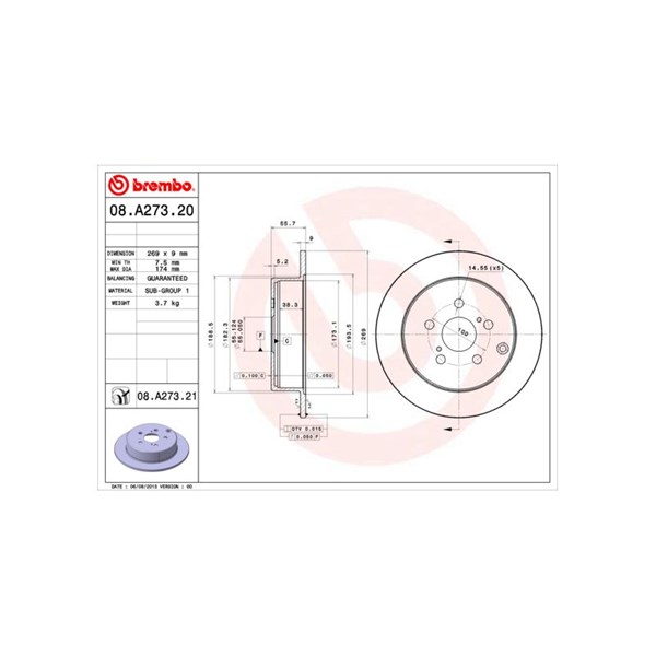 Bromsskiva Solid, Bakaxel Brembo Coated disc line 08.A273.21 BREMBO