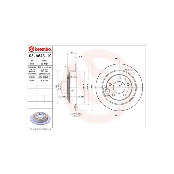 Bromsskiva Solid, Bakaxel Brembo 08.A643.10 BREMBO
