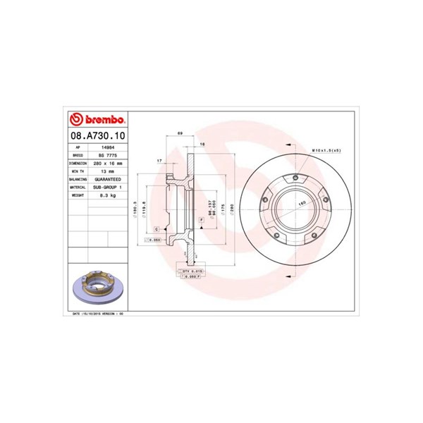 Bromsskiva Solid, Bakaxel Brembo 08.A730.10 BREMBO