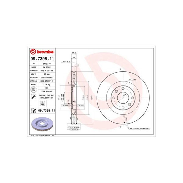 Bromsskiva Ventilerad, Framaxel Brembo 09.7398.11 BREMBO