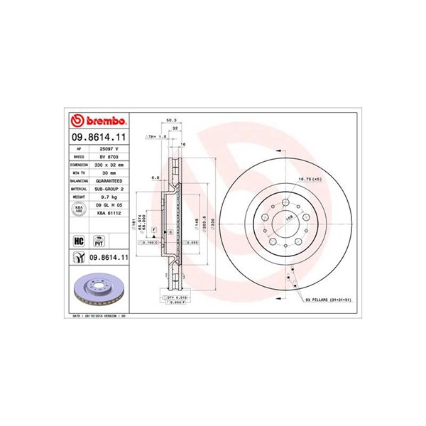 Bromsskiva Ventilerad, Framaxel Brembo 09.8614.11 BREMBO