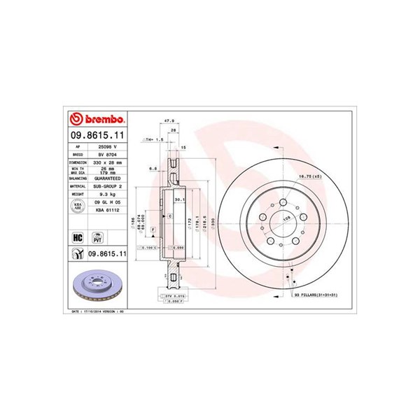 Bromsskiva Ventilerad, Bakaxel Brembo Coated disc line 09.8615.11 BREMBO