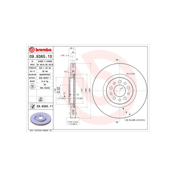 Bromsskiva Ventilerad, Framaxel Brembo 09.9365.11 BREMBO