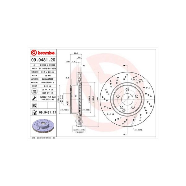 Bromsskiva Hålad/ventilerad, Framaxel Brembo 09.9481.21 BREMBO