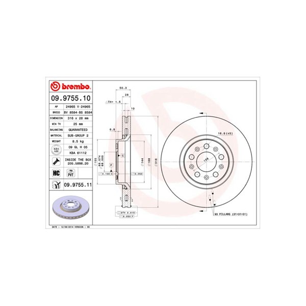 Bromsskiva Ventilerad, Framaxel Brembo 09.9755.11 BREMBO
