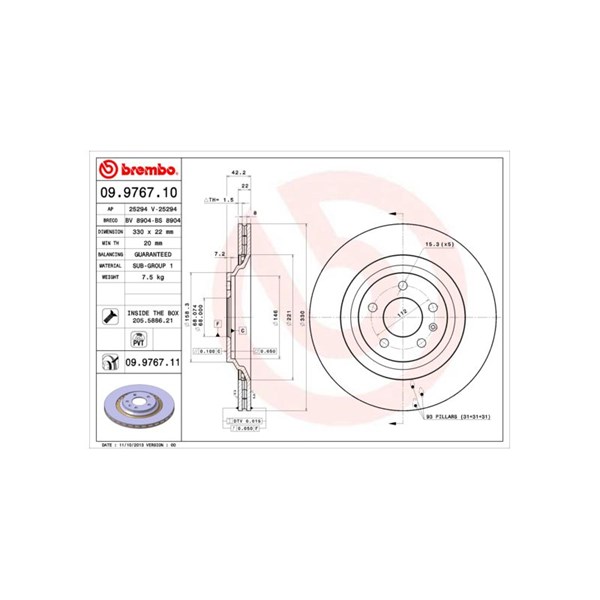 Bromsskiva Ventilerad, Bakaxel Brembo Coated disc line 09.9767.11 BREMBO