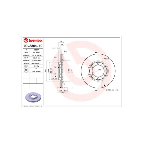 Bromsskiva Ventilerad, Framaxel Brembo 09.A304.10 BREMBO