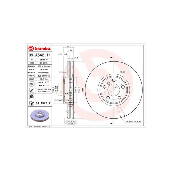 Bromsskiva Ventilerad, Framaxel Brembo 09.A542.11 BREMBO Bromsskiva Ventilerad, Framaxel Brembo 09.A542.11 BREMBO