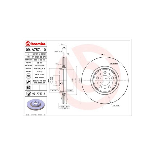 Bromsskiva Ventilerad, Framaxel Brembo 09.A757.11 BREMBO