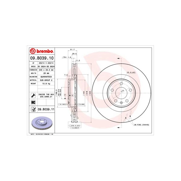 Bromsskiva Ventilerad, Framaxel Brembo 09.B039.11 BREMBO