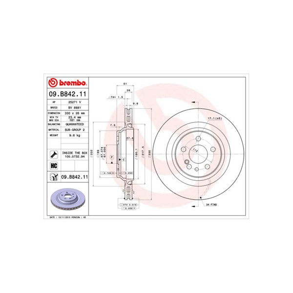 Bromsskiva Ventilerad, Bakaxel Brembo Coated disc line 09.B842.11 BREMBO Bromsskiva Ventilerad, Bakaxel Brembo Coated disc line 09.B842.11 BREMBO