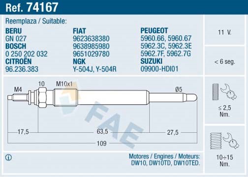 Glödstift 11V Fae 74167 FAE