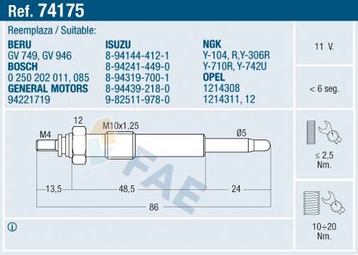 Glödstift 11V Fae 74175 FAE