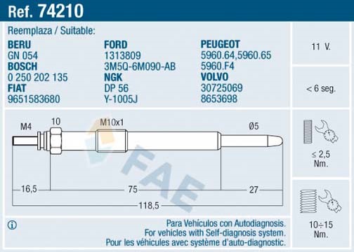 Glödstift 11V, Bakaxel Fae 74210 FAE
