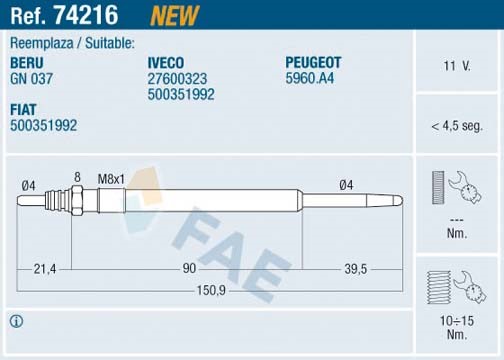 Glödstift 11V Fae 74216 FAE