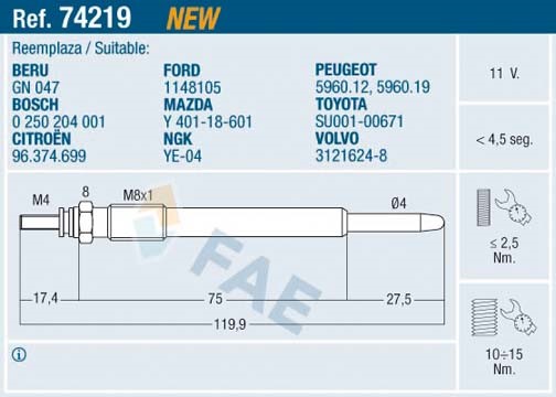 Glödstift 11V, Bakaxel Fae 74219 FAE