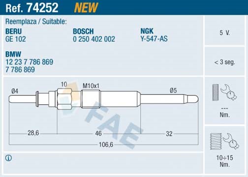 Glödstift 5V Fae 74252 FAE