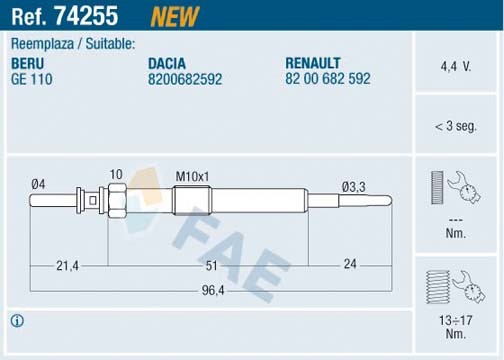 Glödstift 4,4V Fae 74255 FAE