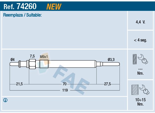 Glödstift 4,4V Fae 74260 FAE