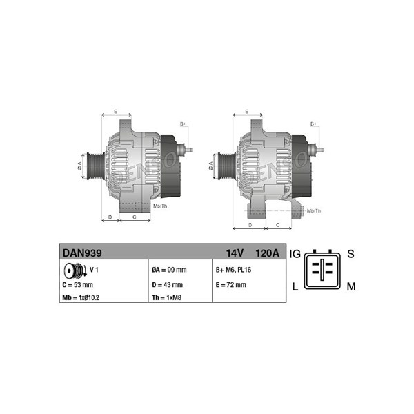 Generator 14V 120A Denso DAN939 DENSO