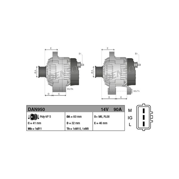 Generator 14V 90A Denso DAN950 DENSO