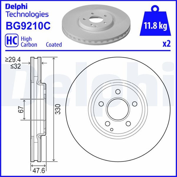 Bromsskiva Ventilerad, Framaxel Delphi BG9210C DELPHI