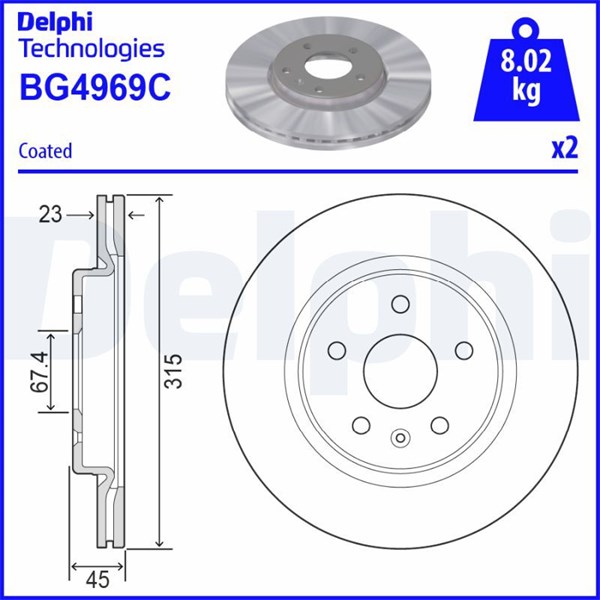 Bromsskiva Ventilerad, Bakaxel Delphi BG4969C DELPHI