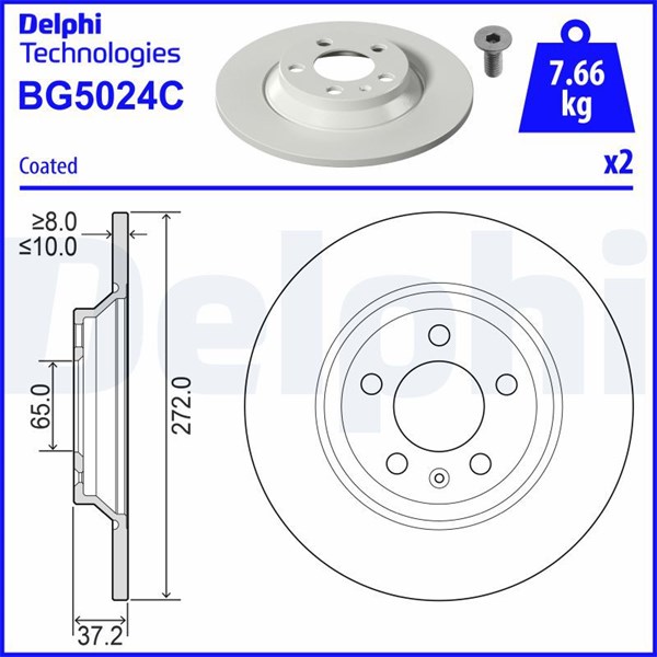 Bromsskiva Solid, Bakaxel Delphi BG5024C DELPHI