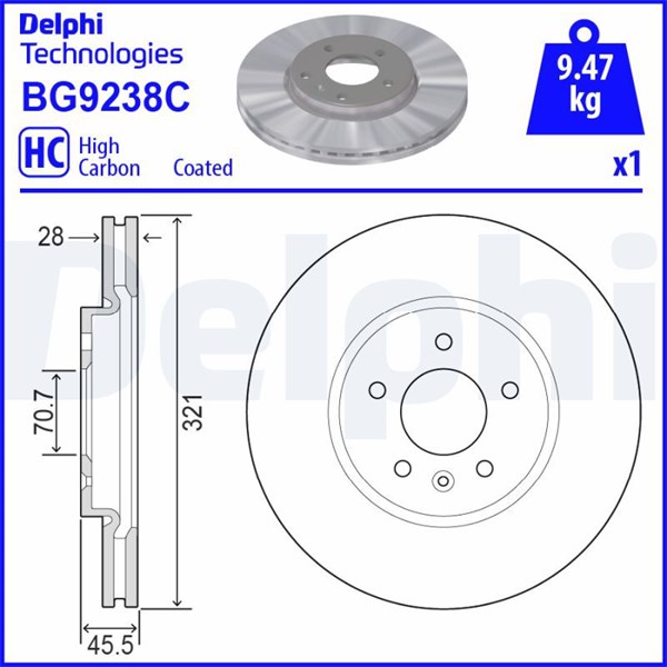 Bromsskiva Ventilerad, Framaxel Delphi BG9238C DELPHI