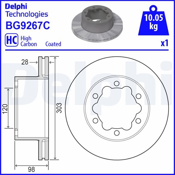 Bromsskiva Solid, Bakaxel Delphi BG9267C DELPHI