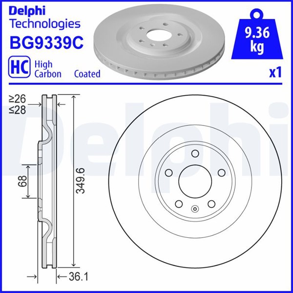 Bromsskiva Ventilerad, Bakaxel Delphi BG9339C DELPHI