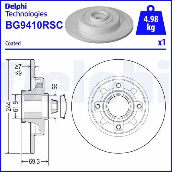 Bromsskiva Solid, Bakaxel Delphi BG9410RSC DELPHI