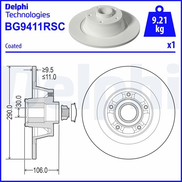 Bromsskiva Solid, Bakaxel Delphi BG9411RSC DELPHI