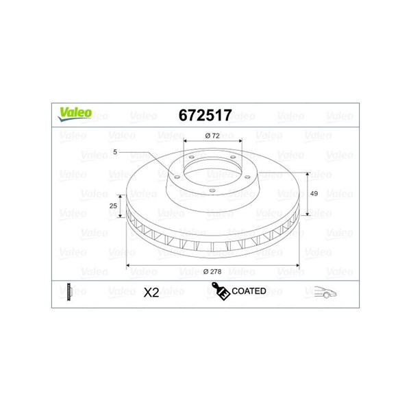 Bromsskiva Ventilerad, Framaxel Valeo Coated 672517 VALEO